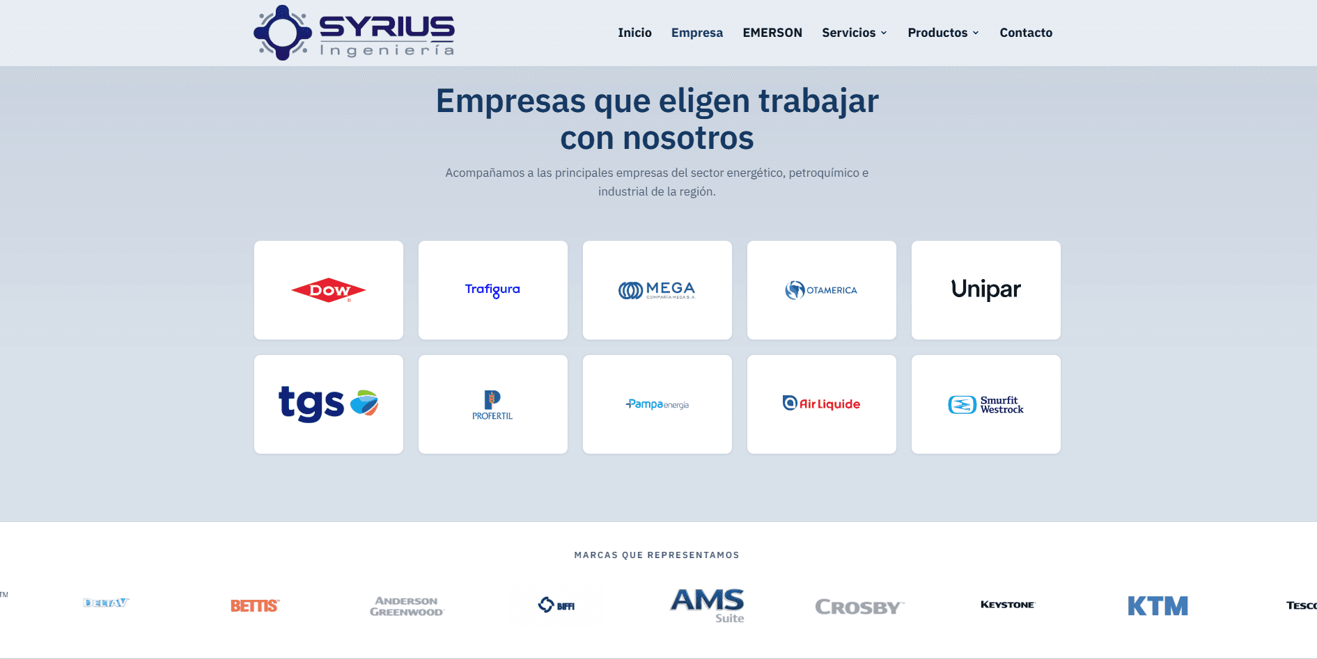 Catálogo por familia de producto y marcas representadas.