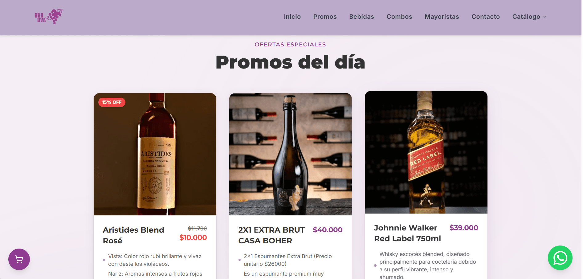 Combos recomendados y sección de exclusivos.